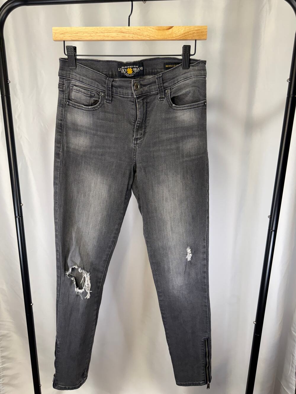 Lucky Brand Brooke Legging Women Gray Distressed Skinny Jeans Ankle Zip 26x28